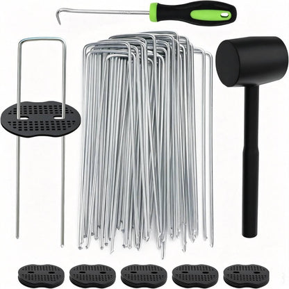 Wohohoho 102Pcs 6 Inches Landscape Staples with Gasket Kit. 50Pcs U-Shaped Garden Stakes and Plastic Fixing Gasket, with Pick Hook and Black Hammer. Pins for Tent Turf Weed Barrier Fabric Hose Fence 🍁 All In One Marketplace Canada