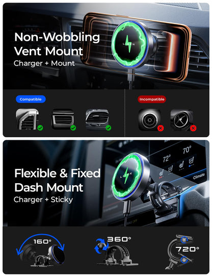 LISEN 15W for MagSafe Car Mount Charger【24 Strongest Magnets】 Phone Holder Car Magnetic Wireless Charger【360°】 Vent & Dashboard MagSafe Car Accessories for Mom for iPhone 17 Pro 16 15 14 13 🍁 All In One Marketplace Canada