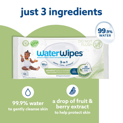 WaterWipes Sensitive+ Baby & Toddler Wipes, 3-In-1 Cleans, Cares, Protects, 99.9% Water, Textured Clean, Unscented & Hypoallergenic, 240 Count (4 Packs) 🍁 All In One Marketplace Canada