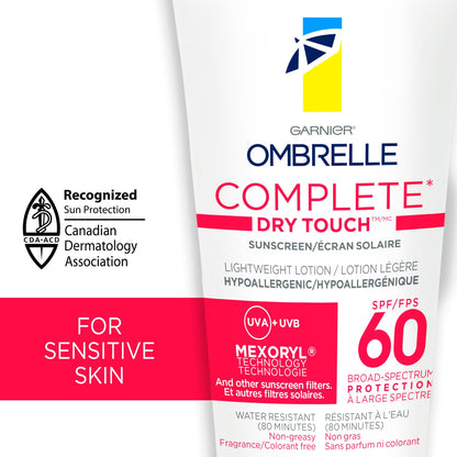 Garnier Ombrelle Complete Dry Touch Sunscreen Lotion, SPF 60, Travel Sunscreen, For Face & Body, For Sensitive Skin, Water-Resistant, Non-Sticky, Very High Broad Spectrum UVA/UVB Protection, 90ml 🍁 All In One Marketplace Canada