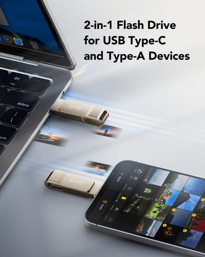 Lexar D40E 128GB Dual USB 3.2 Gen 1 Type-C Jump Drive, USB-C Flash Metal Housing Swivel Design Thumb Drive (Champagne Silver) 🍁 All In One Marketplace Canada