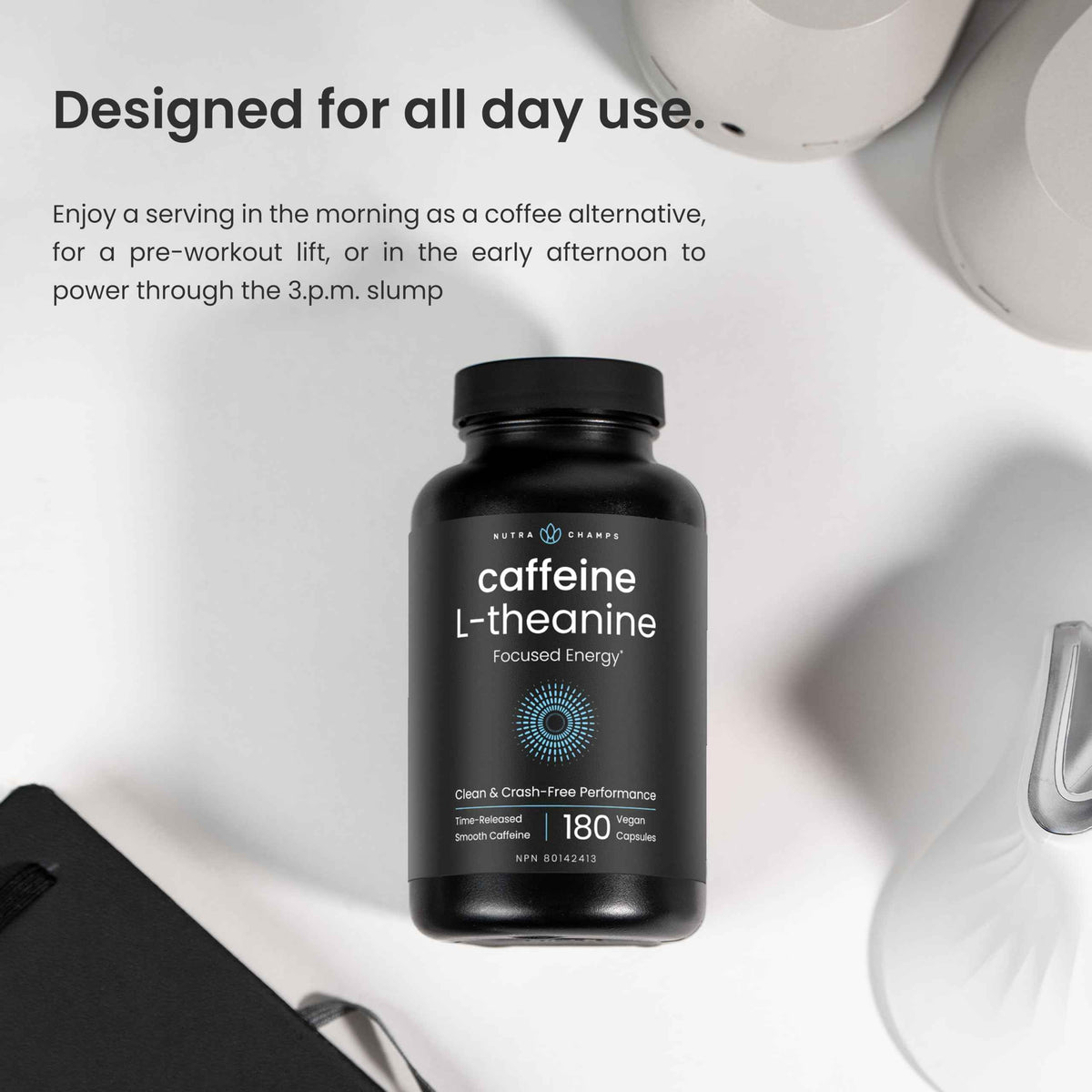 Caffeine Pills with L-Theanine - 180 Energy Pills for Women & Men - Clean & Long-Lasting Focused Energy - Sustained Release 100mg Caffeine + 200mg L Theanine - No Crash Capsules, Vegan Supplement 🍁 All In One Marketplace Canada