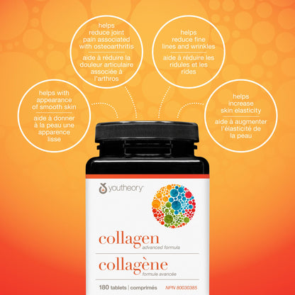 Youtheory Collagen Advanced Formula with Vitamin C, Hydrolyzed Formula for Optimal Absorption, Skin, Hair, Nails and Joint Support 180 Count 🍁 All In One Marketplace Canada