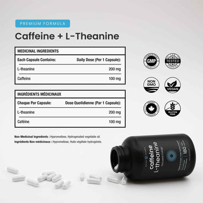 Caffeine Pills with L-Theanine - 180 Energy Pills for Women & Men - Clean & Long-Lasting Focused Energy - Sustained Release 100mg Caffeine + 200mg L Theanine - No Crash Capsules, Vegan Supplement 🍁 All In One Marketplace Canada
