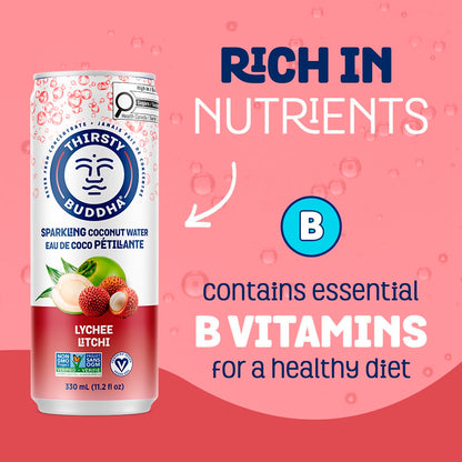 THIRSTY BUDDHA Sparkling Coconut Water with Lychee, No Added Sugar, Pure Coco Drink, Natural Fruit Flavour, Electrolyte & Nutrient-Rich, 12 Pack, (12/330ml) 🍁 All In One Marketplace Canada