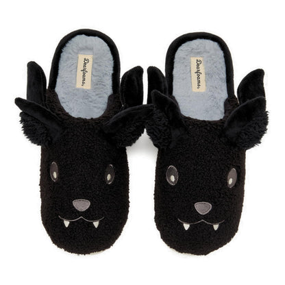 Dearfoams Unisex-Adult Spooky Fuzzy Halloween Pumpkin Jack O Lantern Slipper, Black Bat, 5-6 Women/3-4 Men