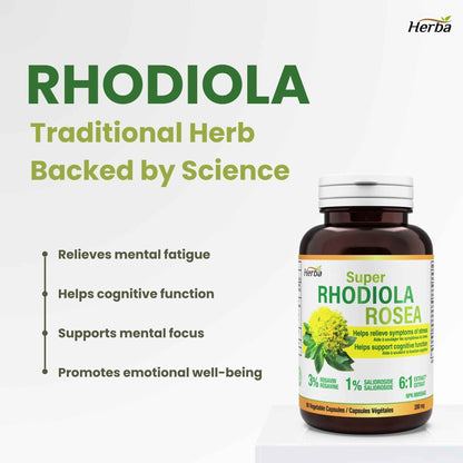 Herba Rhodiola Rosea Supplement 200mg - 90 Capsules | 6:1 Extract | Rhodiola Supplement with Min 3% Rosavins and 1% Salidrosides | Help Relieve Symptoms of Stress | Made in Canada 🍁 All In One Marketplace Canada