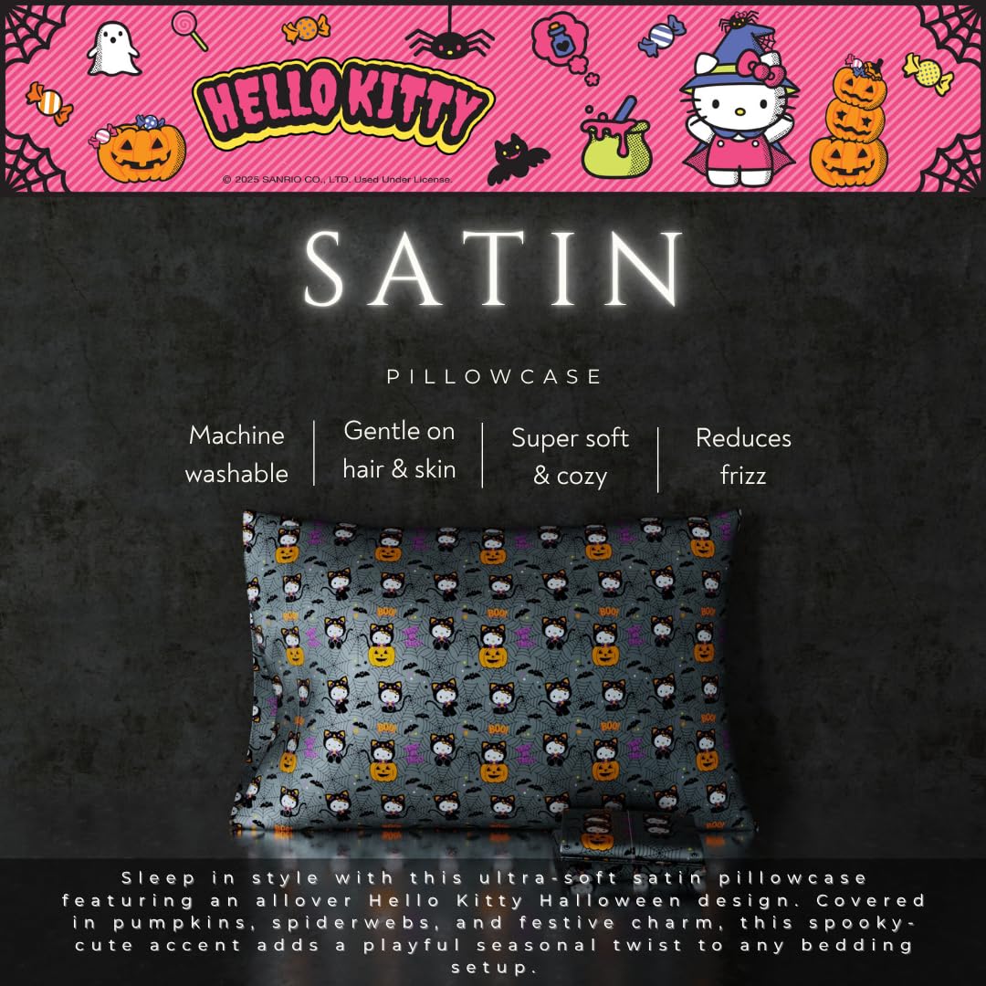 Sanrio Hello Kitty Skeleton Halloween Beauty Silky Satin Standard Reversible Pillowcase Cover 20x30 for Hair and Skin, (Officially Licensed Product) by Franco Collectibles