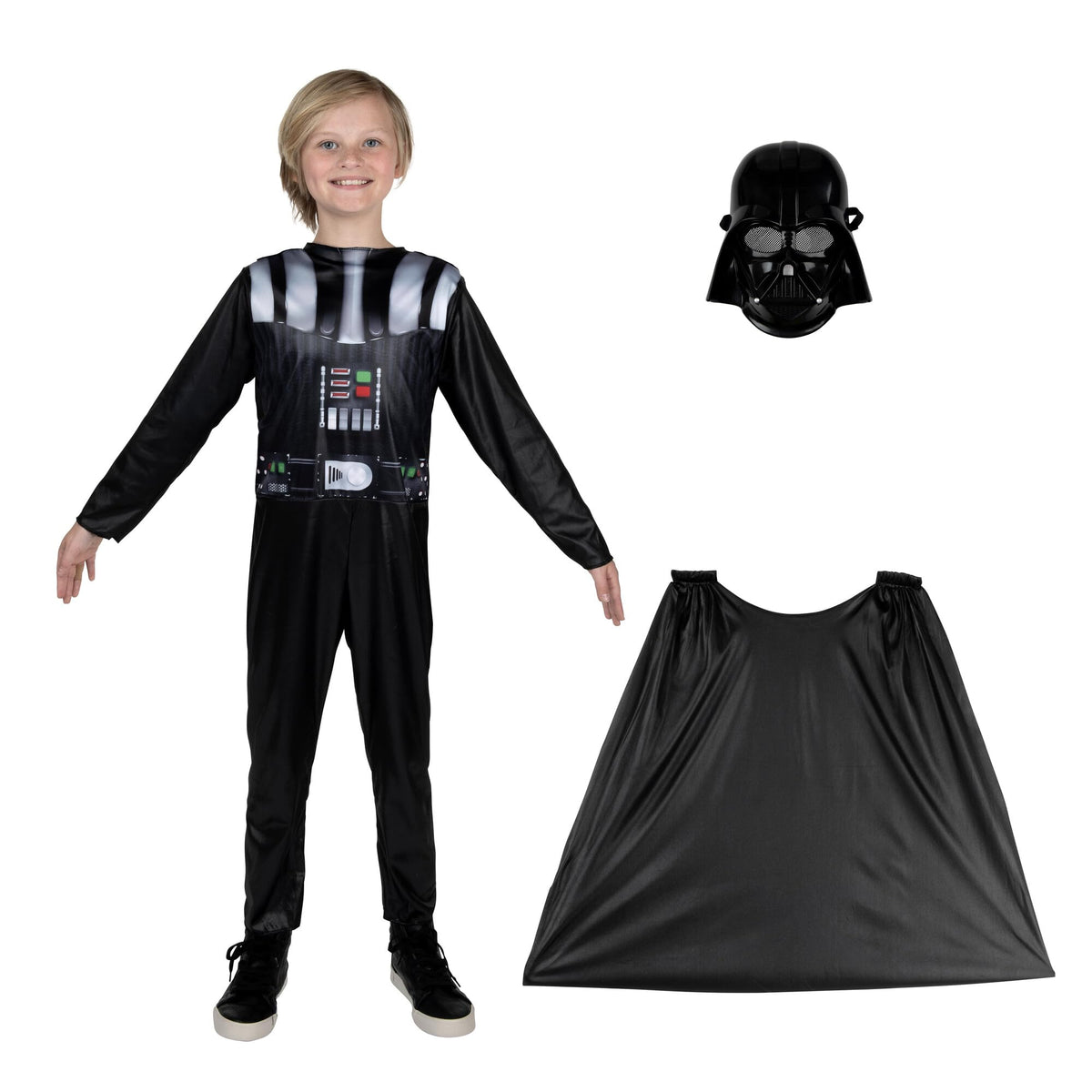 Star Wars Darth Vader Official Youth Halloween Costume - Printed Jumpsuit with Cape and Plastic Mask (M) Black