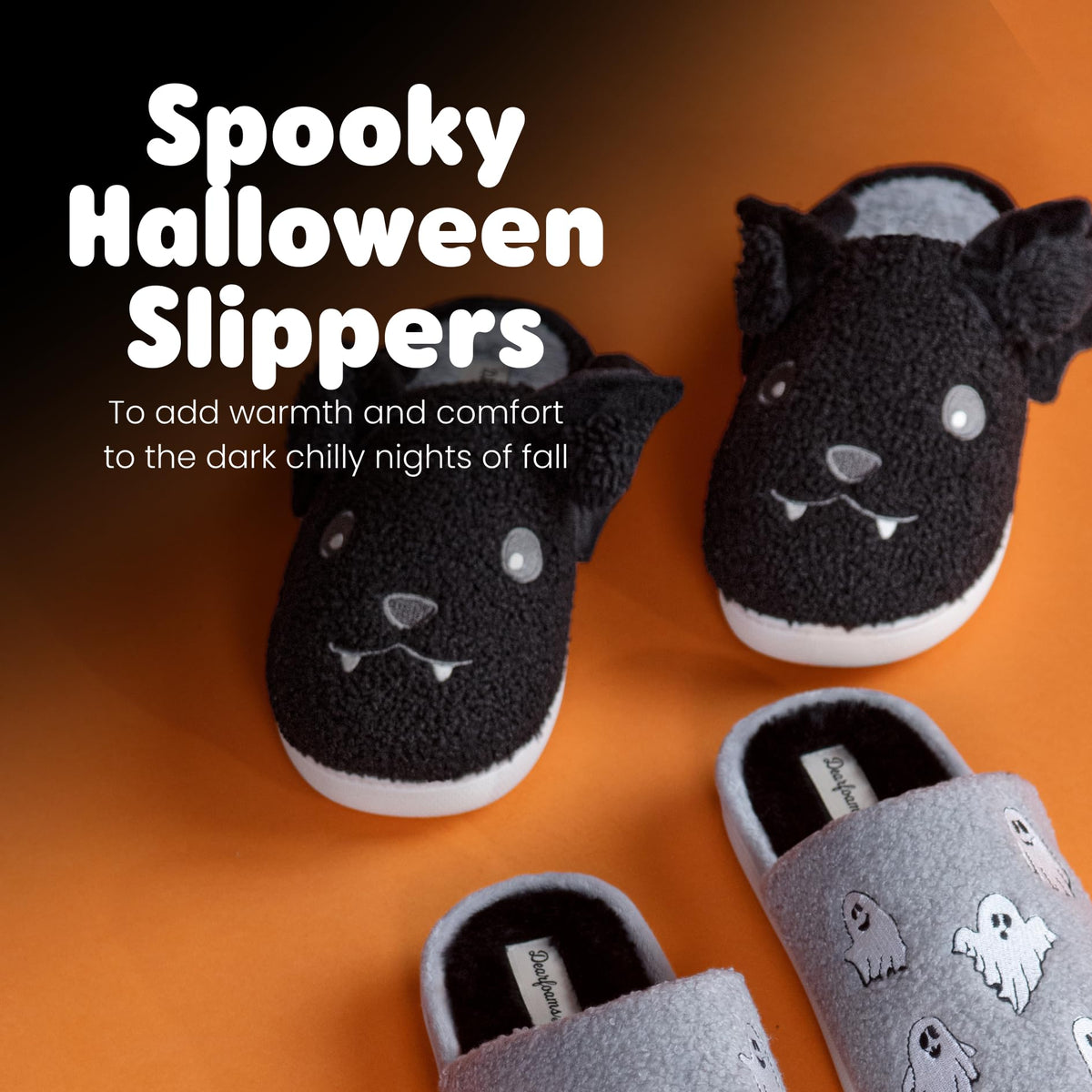 Dearfoams Unisex-Adult Spooky Fuzzy Halloween Pumpkin Jack O Lantern Slipper, Black Bat, 9-10 Women/7-8 Men