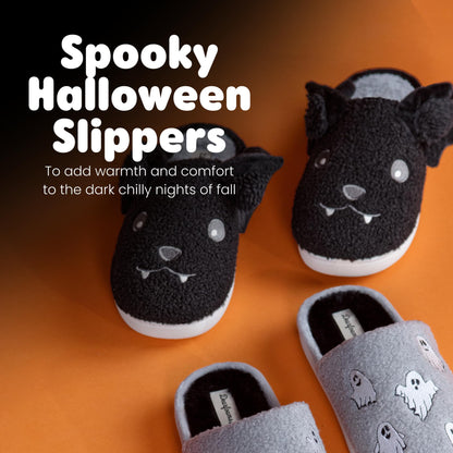 Dearfoams Unisex-Adult Spooky Fuzzy Halloween Pumpkin Jack O Lantern Slipper, Black Bat, 5-6 Women/3-4 Men