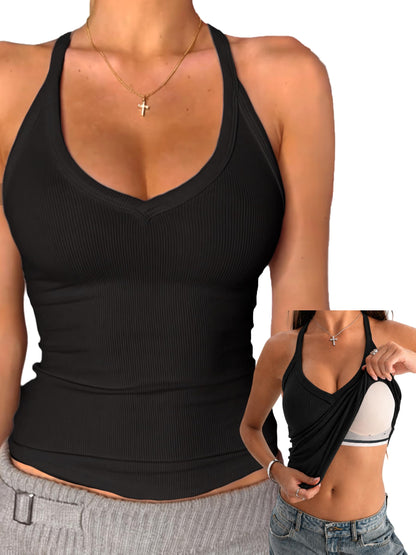 Danysu V Neck Cotton Tank Tops with Built-in Shelf Bra Sleeveless Racerback Fitted Basic Cami Shirts Black L 🍁 All In One Marketplace Canada