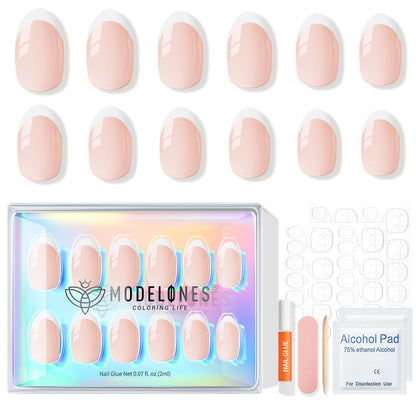 Modelones French Tip Press On Nails, Short Oval Fake Nails Press Ons with Nail Glue, Adhesive Tabs, Nail File, Prep Pad, Manicure Stick, 32Pcs 16 Sizes, Nude, Valentines 🍁 All In One Marketplace Canada
