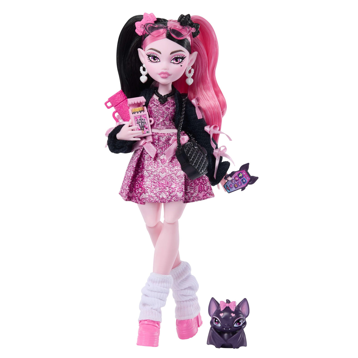 Monster High Doll, Draculaura in Pink Bow Dress and Black Cardigan with Pet Bat Count Fabulous and 7 Accessories Like Ramen, Lipstick and Purse 🍁 All In One Marketplace Canada
