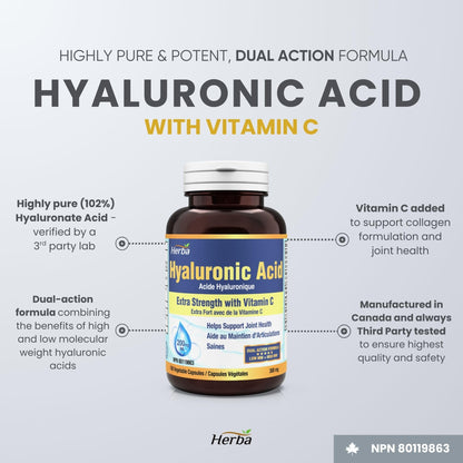 Herba Hyaluronic Acid Supplement 200mg - 100 Capsules | 100% Purity Hyaluronic Acid Capsules with Vitamin C to Support Joint and Bone Health | Made in Canada 🍁 All In One Marketplace Canada