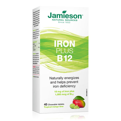 Jamieson Chewable Iron 18 mg Plus Vitamin B12 1,000 mcg Tropical Mango Lime Flavour, Helps Prevent Iron Deficiency, and Supports Natural Energy. Vegetarian, Gluten-Free, No Artificial Colours, Flavours, or Preservatives, 45 Chewable Tablets