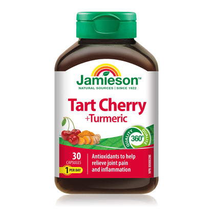 Jamieson Turmeric 100 mg with Tart Cherry 500 mg, Provides Natural Joint Pain Relief, Supports Inflammation, and Helps with Digestion. Non-GMO, 30 Vegetarian Capsules, Proudly Canadian 🍁 All In One Marketplace Canada