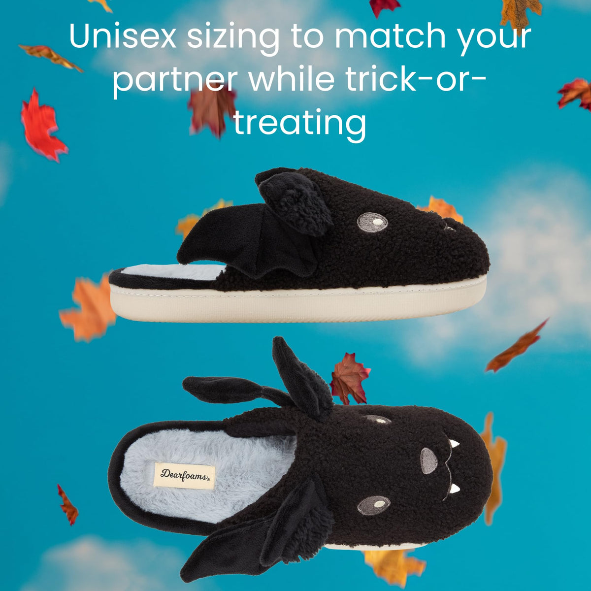 Dearfoams Unisex-Adult Spooky Fuzzy Halloween Pumpkin Jack O Lantern Slipper, Black Bat, 5-6 Women/3-4 Men