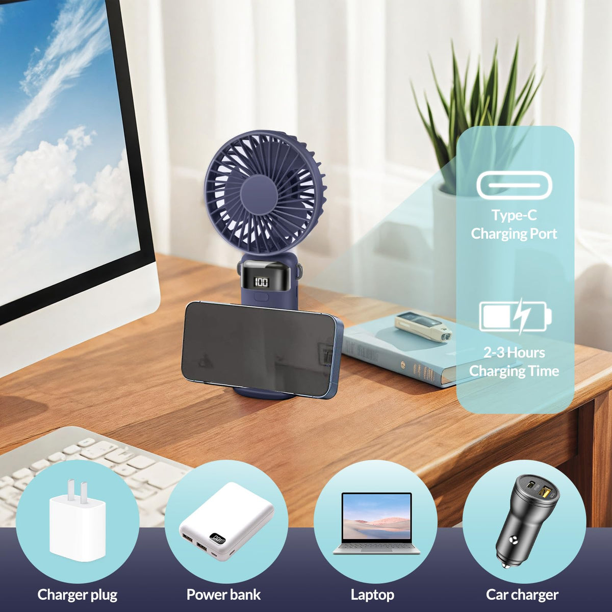 Portable Handheld Fan Rechargeable Small Fan 5 Speeds with Lanyard and Base USB Desk Fan Foldable Quiet Personal Fan with LED Display for Office, Home, Travel, Outdoor 🍁 All In One Marketplace Canada