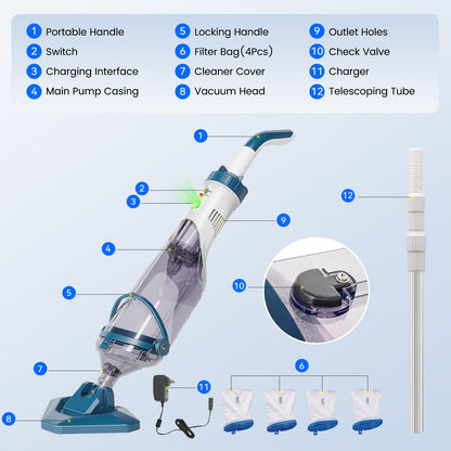Enhulk Pool Vacuum for Above Ground Pool with Powerful Suction up to 18.5 gallons/min, Running time up to 1H, Handheld Rechargeable Pool Cleaner with a Telescopic Pole, PC10 🍁 All In One Marketplace Canada