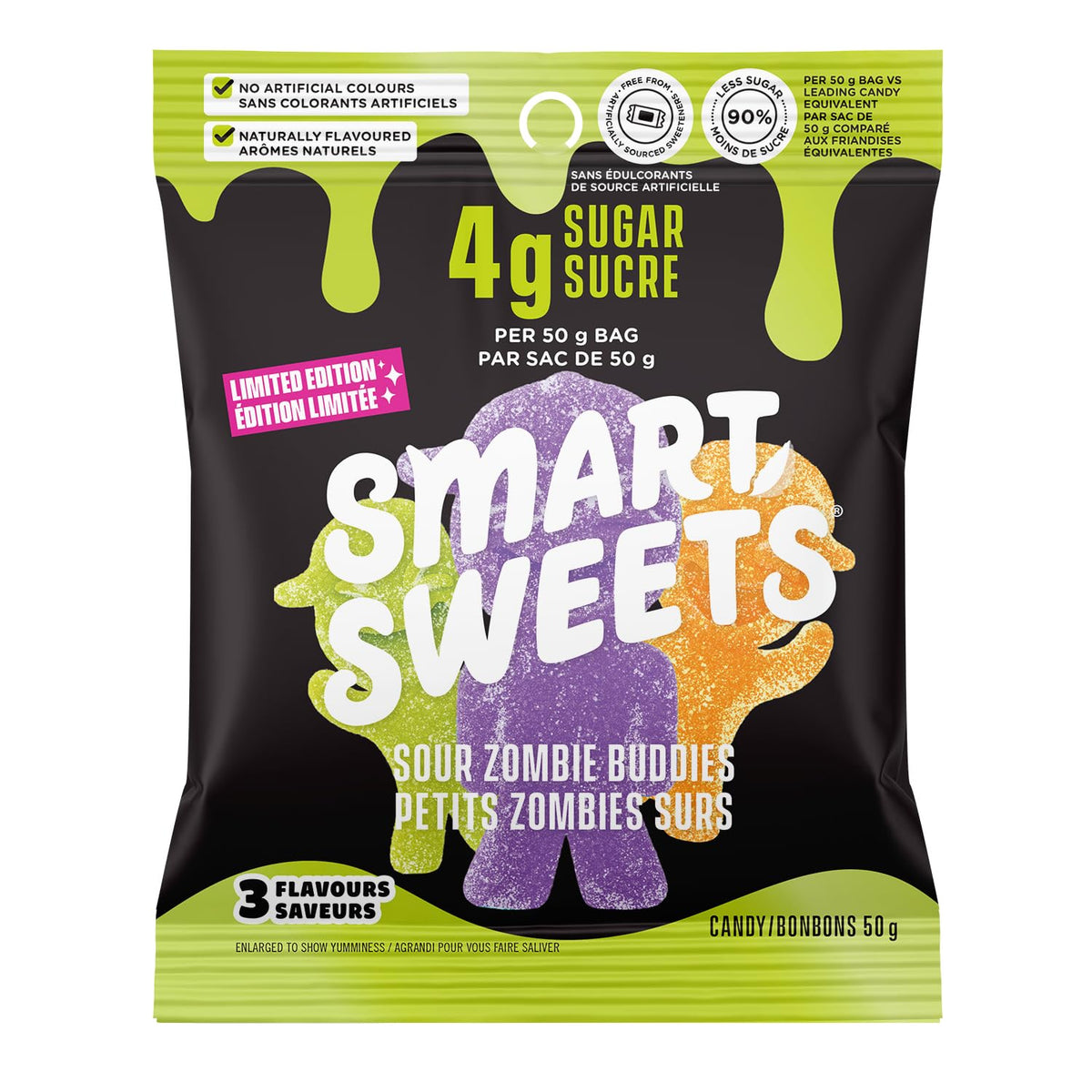SmartSweets Sour Zombie Buddies Low Sugar Gummy Candy, Healthy Snacks for Kids and Adults, Halloween Treat, 50g bags, Pack of 14