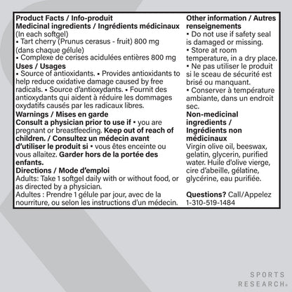 Sports Research® Tart Cherry Concentrate - Made from Organic Montmorency Tart Cherries - Fruit Complex - Non-GMO & Gluten Free Formula - 60 Liquid Softgels for Daily Use 🍁 All In One Marketplace Canada