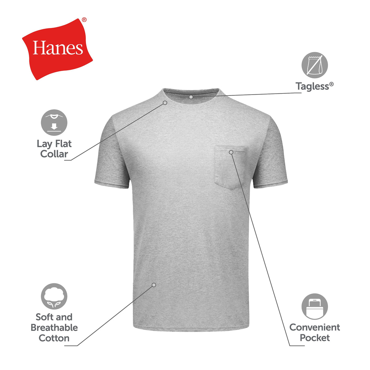 Hanes Men's Pocket Undershirt Pack, Cotton Crew Neck T-Shirt, Moisture Wicking Tee, Assorted 6-Pack, Grey Heather, Black, White, Navy, Blue Heather, Large 🍁 All In One Marketplace Canada