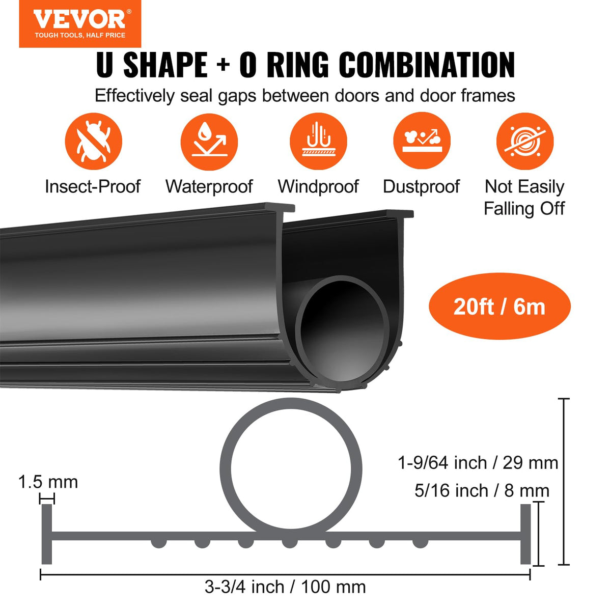 VEVOR Garage Door Seals Bottom Rubber, U Shape +O Ring Combination Garage Door Bottom Weather Seal, 20ft Weatherproofing Garage Door Seal, 5/16 inch T-ends and 3 3/4 inch Width, for Doors, Black 🍁 All In One Marketplace Canada