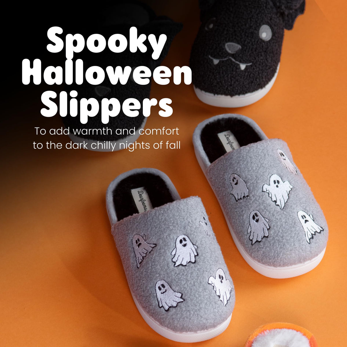 Dearfoams Unisex-Adult Spooky Fuzzy Halloween Pumpkin Jack O Lantern Slipper, Grey Ghost, 7-8 Women/5-6 Men