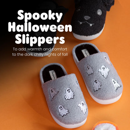 Dearfoams Unisex-Adult Spooky Fuzzy Halloween Pumpkin Jack O Lantern Slipper, Grey Ghost, 7-8 Women/5-6 Men