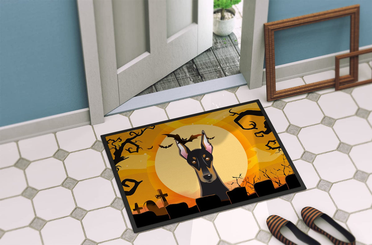 Caroline's Treasures BB1803MAT Halloween Doberman Doormat 18x27 Front Door Mat Indoor Outdoor Rugs for Entryway, Non Slip Washable Low Pile, 18H X 27W