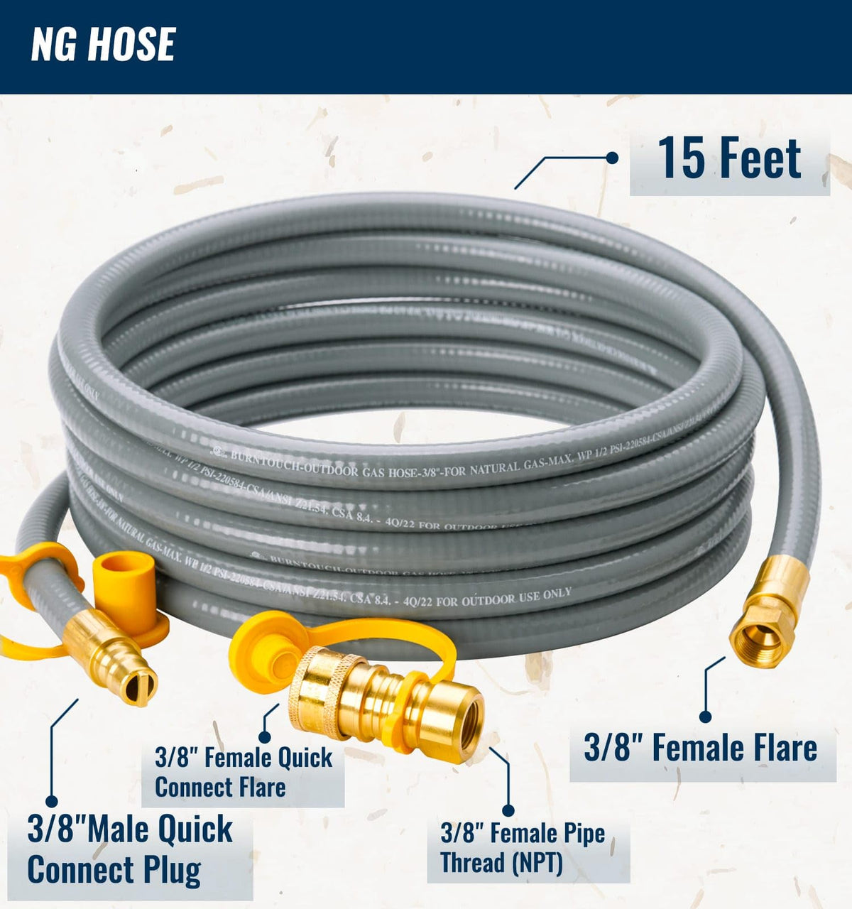 CALPOSE 15 Feet 3/8 inch ID Natural Gas Grill Hose with Quick Connect Fittings, Natural Gas Line for Grill, Pizza Oven, Heater and More Low Pressure Appliance 🍁 All In One Marketplace Canada