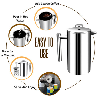 KICHLY 34 OZ French Press, Stainless Steel Double Walled Insulated Coffee Press with Refined Filters, Espresso and Tea Maker - Silver 🍁 All In One Marketplace Canada