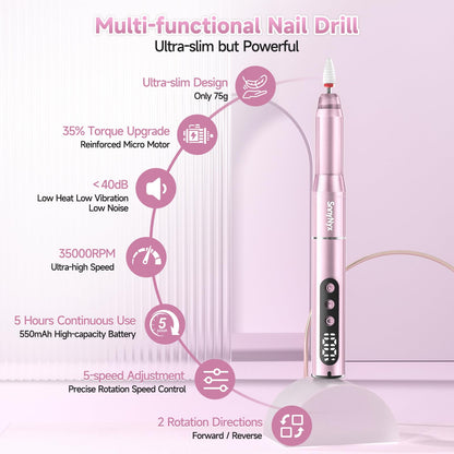 SnnyNyx Cordless Electric Nail Drill 35000 RPM, Professional Nail File Kit with LCD Display, 12 Bits & 36 Sanding Bands, Rechargeable Manicure Pedicure Kit for Acrylic Gel Nails, Salon & Home Use(Rose Gold) 🍁 All In One Marketplace Canada