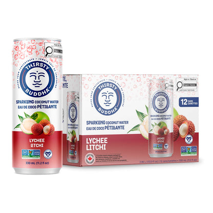 THIRSTY BUDDHA Sparkling Coconut Water with Lychee, No Added Sugar, Pure Coco Drink, Natural Fruit Flavour, Electrolyte & Nutrient-Rich, 12 Pack, (12/330ml) 🍁 All In One Marketplace Canada