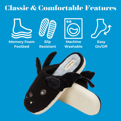 Dearfoams Unisex-Adult Spooky Fuzzy Halloween Pumpkin Jack O Lantern Slipper, Black Bat, 5-6 Women/3-4 Men