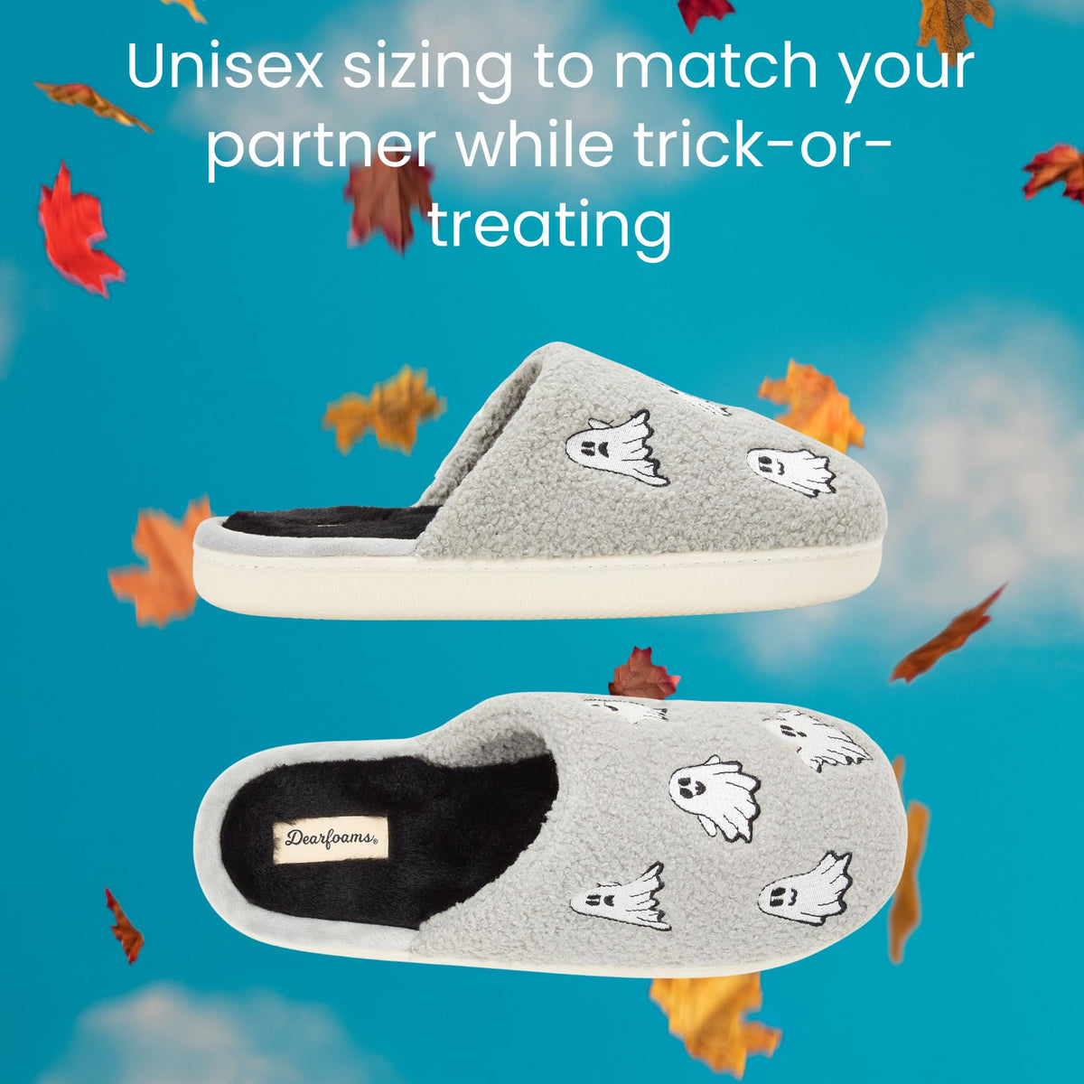 Dearfoams Unisex-Adult Spooky Fuzzy Halloween Pumpkin Jack O Lantern Slipper, Grey Ghost, 11-12 Women/9-10 Men