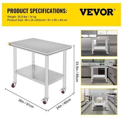 VEVOR 36x24x33.5 inch Stainless Steel Work Table with Wheels Prep Table with casters Heavy Duty Work Table for Commercial Kitchen Restaurant Business Garage 350 lb Capacity 🍁 All In One Marketplace Canada