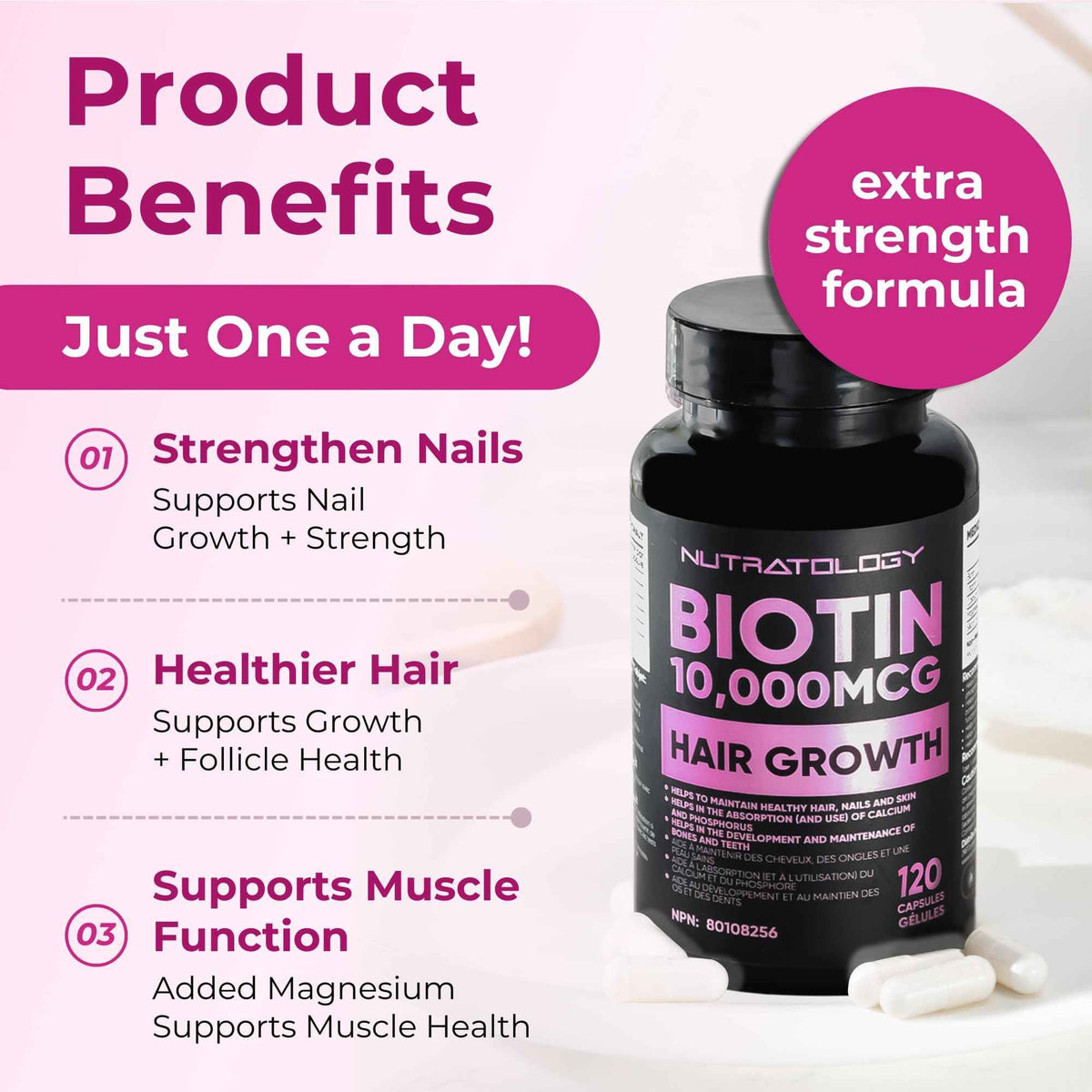 Biotin 10000MCG Hair Vitamins For Hair Growth Women | Canadian-Made | Promotes Healthy Skin & Nail Growth - Supports Muscle Function - Biotin Supplement - Hair Growth Products for Women - 120 capsules 🍁 All In One Marketplace Canada