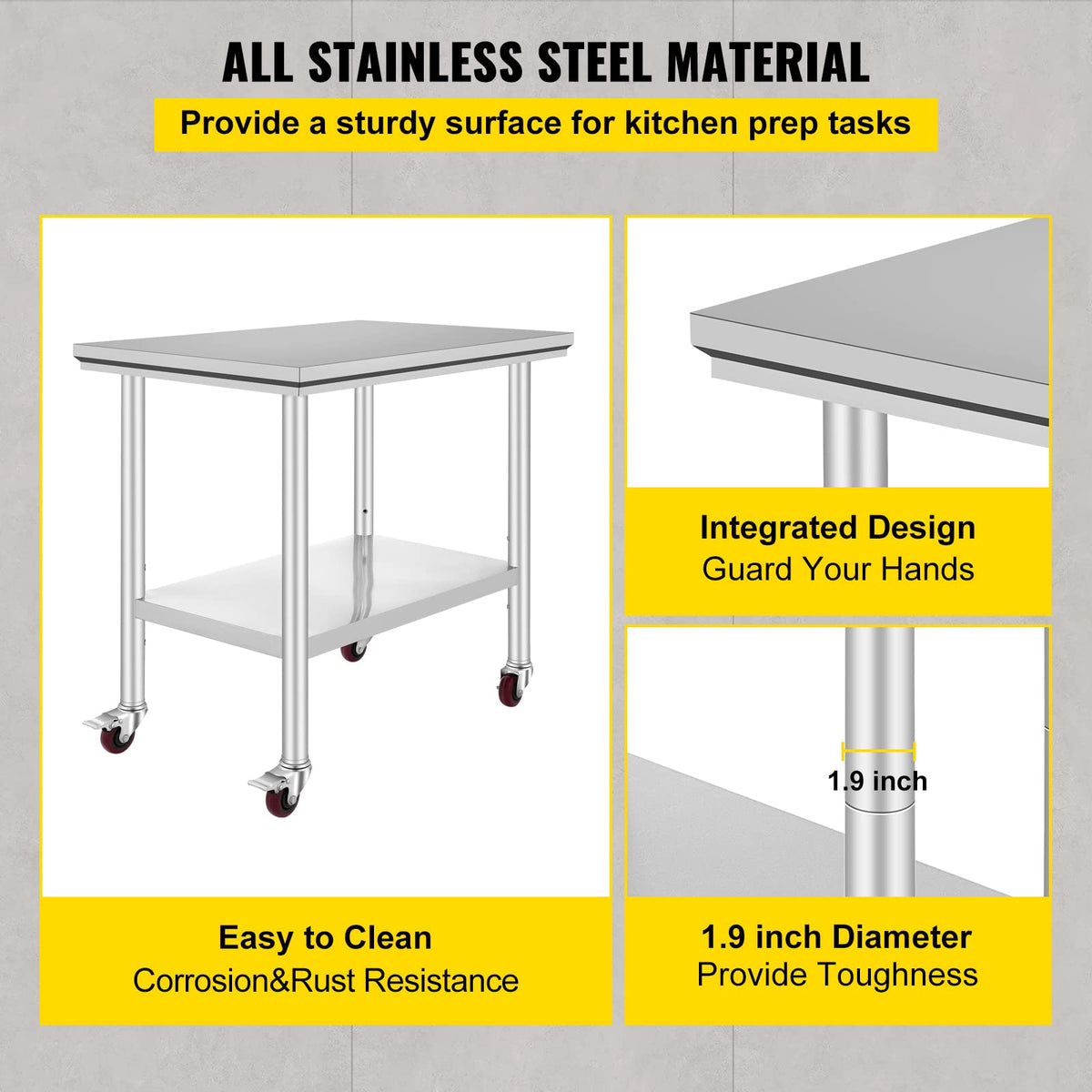 VEVOR 36x24x33.5 inch Stainless Steel Work Table with Wheels Prep Table with casters Heavy Duty Work Table for Commercial Kitchen Restaurant Business Garage 350 lb Capacity 🍁 All In One Marketplace Canada