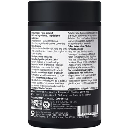 Sports Research® Extra Strength Vegan Biotin 5,000mcg with Organic Coconut Oil - Helps to Maintain Healthy Hair, Nails and Skin - Great for Women & Men - 120 Veggie Softgels 🍁 All In One Marketplace Canada