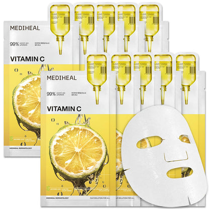 MEDIHEAL Vitamin C Essential Face Mask - Brightening & Hydrating Facial Mask for Blemish & Uneven Skin Tone, Clear Toning with Niacinamide, Vegan, Korean Skincare for Women (10 Sheets) 🍁 All In One Marketplace Canada