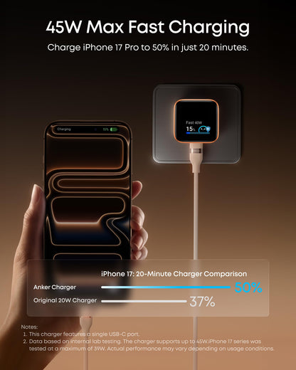 Anker Smart Display Charger,Anker Nano 45W Fast Charging USB C Charger with Smart Recognition,Built-in Care Mode,Compact with 180° Foldable Plug,for iPhone 17/16/15 Series,MacBook,Apple Watch (Blue) 🍁 All In One Marketplace Canada
