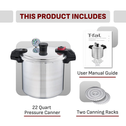 T-fal 22-Quart Aluminum Pressure Canner, 3 PSI Settings, Includes Racks & Guide, Large Capacity, Pressure & Water Bath for Vegetables, Meats, Seafood & Fruits, Silver 🍁 All In One Marketplace Canada