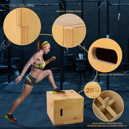 Yes4All 3-in-1 Wooden Plyo Box, Jumping Plyometric Step Platform for Home Gym, 450lb Capacity with Wide Built-in Handles (16"x14"x12" - Basic Wood Finish) 🍁 All In One Marketplace Canada