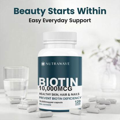 Nutrawave Extra Strength Biotin 10000mcg – Biotin for Hair Growth, Lush Hair, Glowing Skin & Strong Nails, Ideal for Women & Men, Non-GMO, Vegan, Gluten-Free. 120 Capsules 🍁 All In One Marketplace Canada