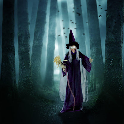 Haunted Hill Farm Life-Size Scary Talking Witch with Broomstick, Halloween Animatronic with Touch Activated Lights and Sound, Battery Operated Indoor or Covered Outdoor Halloween Decorations