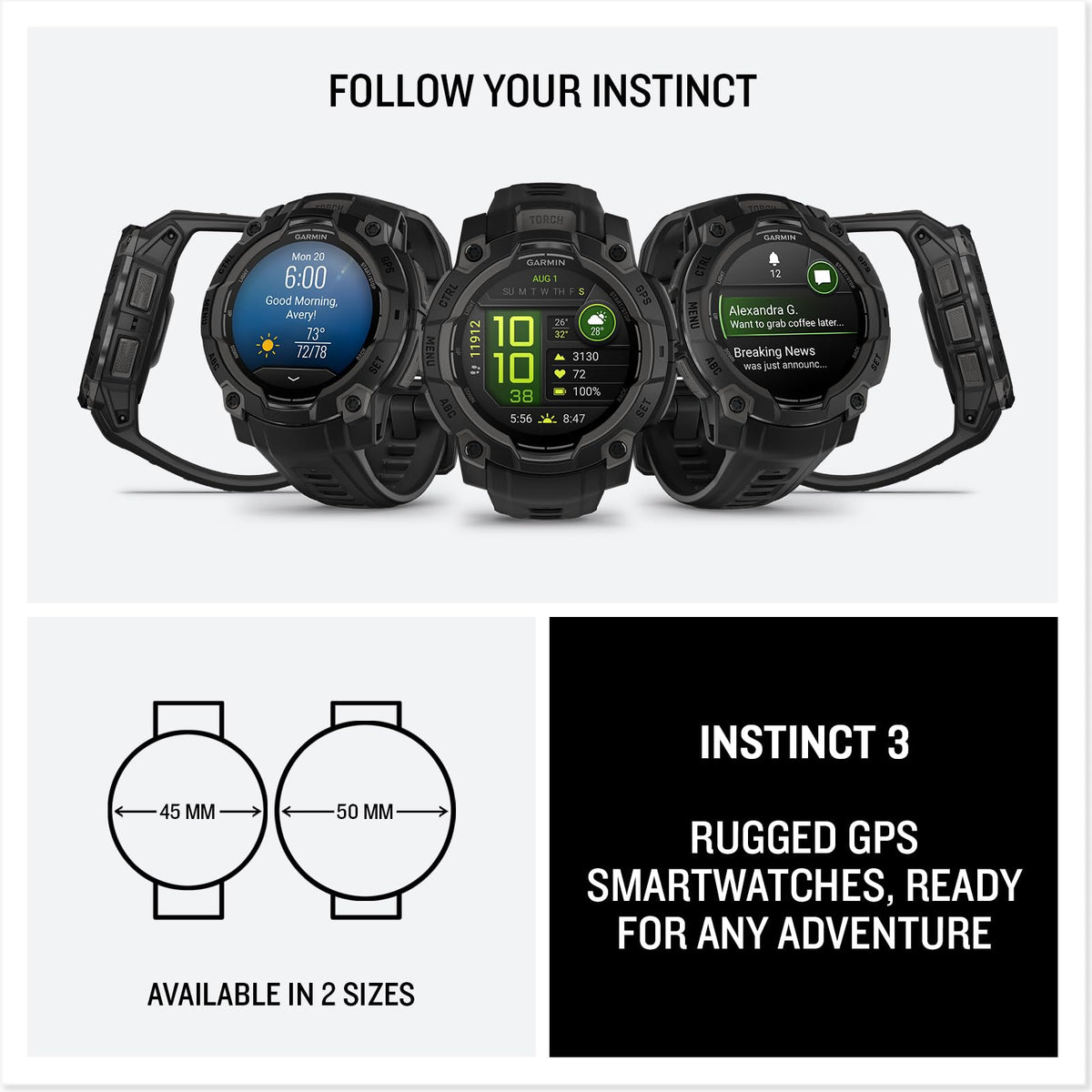 Garmin Instinct® 3 45mm, AMOLED Display, Rugged Outdoor GPS Smartwatch, Metal-Reinforced Bezel, Built-in Flashlight, Up to 18 Days of Battery Life, Black 🍁 All In One Marketplace Canada