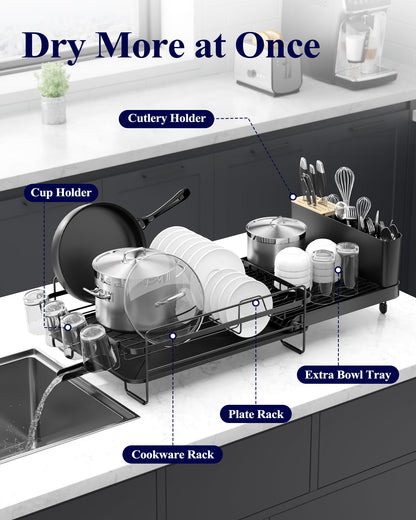 Kitsure Large Dish Drying Rack - Extendable Stainless Steel, Anti-Rust Kitchen Counter Rack with Cutlery & Cup Holders, 67.8 x 32.8 x 15.0cm, Black 🍁 All In One Marketplace Canada