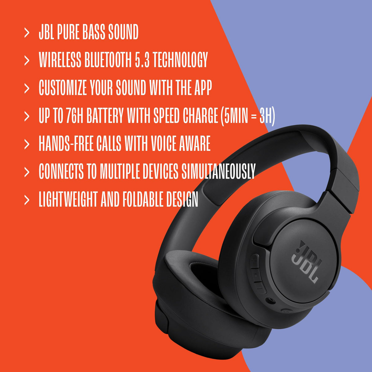 JBL Tune 720BT - Wireless Over-Ear Headphones with JBL Pure Bass Sound, Bluetooth 5.3, Up to 76H Battery Life and Speed Charge, Lightweight, Comfortable and Foldable Design (Black) 🍁 All In One Marketplace Canada